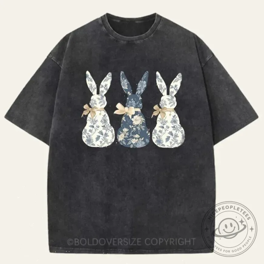 Vintage Floral Blue Bunny Rabbit Easter Holiday Washed T-Shirt