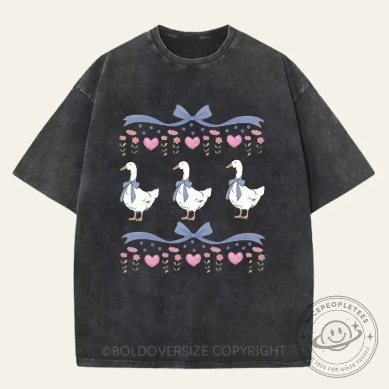 Vintage Blue Ribbon Goose and Hearts Washed Cotton T-Shirt