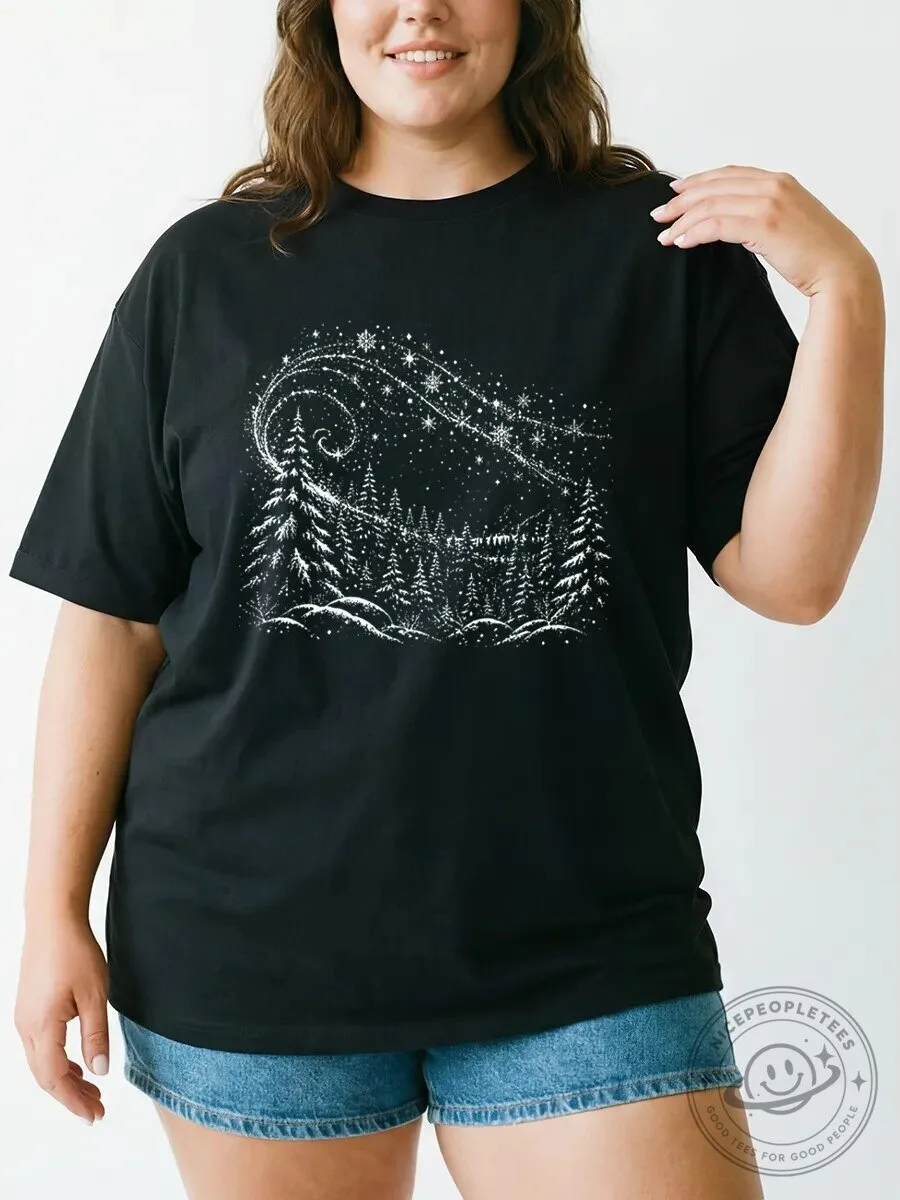 Vintage Snowy Pine Tree Forest Winter Landscape Graphic T-Shirt