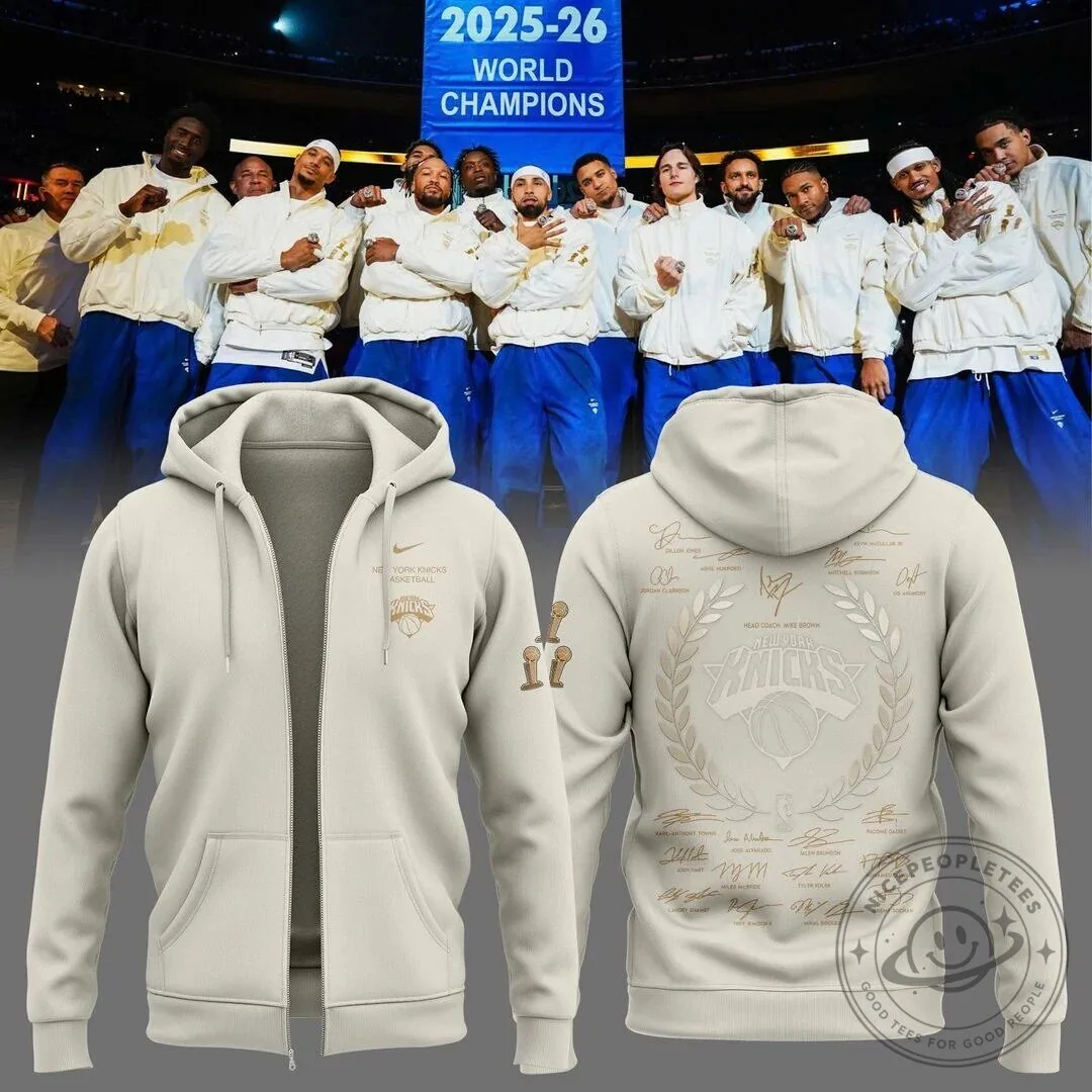New York Knicks 2026 NBA Finals Champions Team Signatures Cream Hoodie