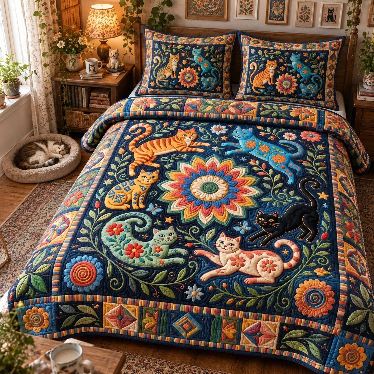Quilted Bedding Set Featuring Colorful Floral Design and Folk Art Cats