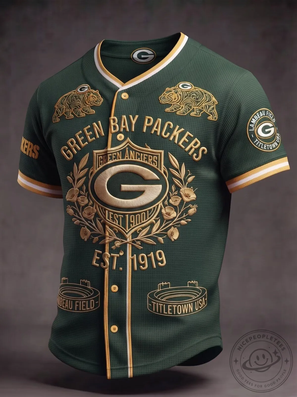 Green Bay Packers Gold Embroidered Baseball Jersey