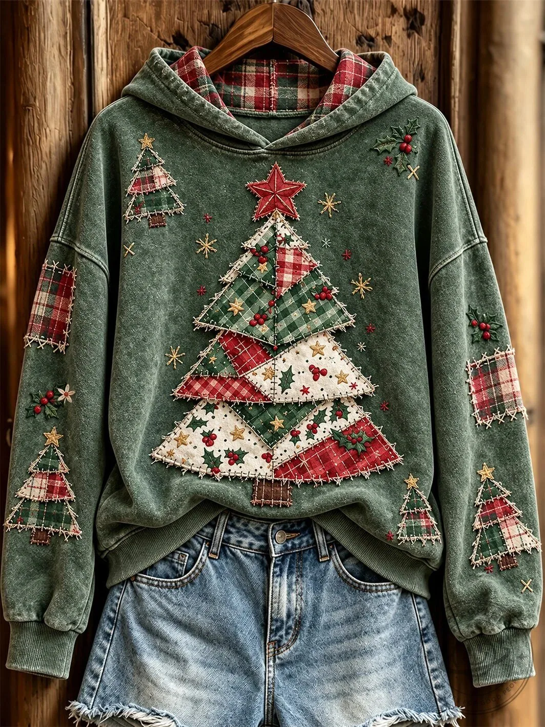 Retro Christmas Tree Patchwork Design Women's Casual Hoodie 3 Retro Christmas Tree Patchwork Design Women's Casual Hoodie