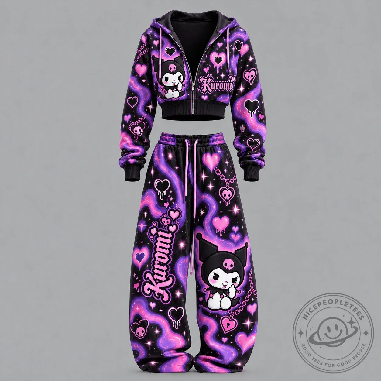 Kuromi Sanrio Character Cropped Zip-Up Hoodie and Sweatpants Set