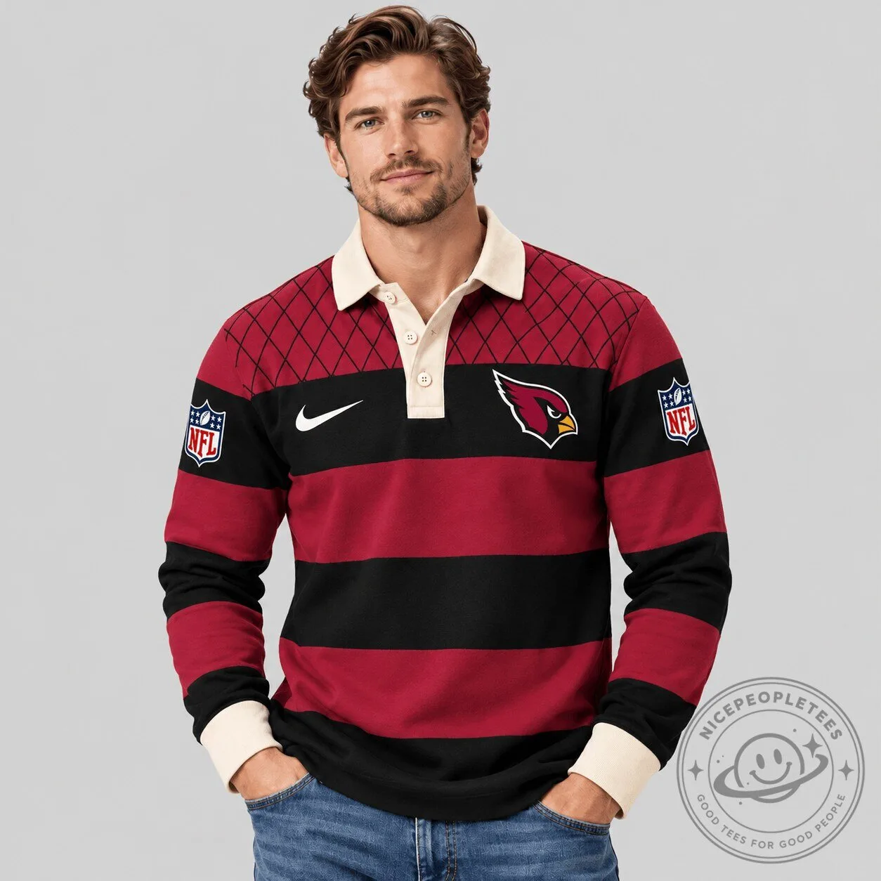 NFL Striped Long Sleeve Polo Shirt for Arizona Cardinals Fans